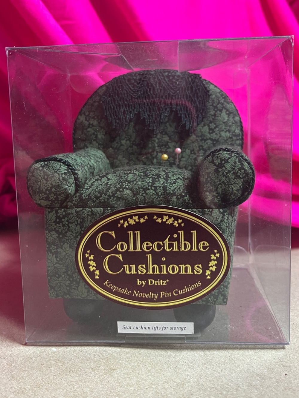 Dritz Collectible Green Floral Overstuffed Armchair Pin Cushion